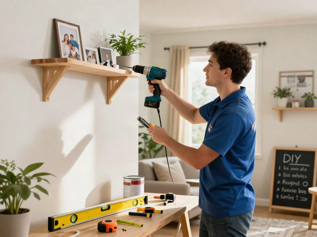 Home repair services Des Moines Iowa technician fixing a shelf in a warm, inviting living room.