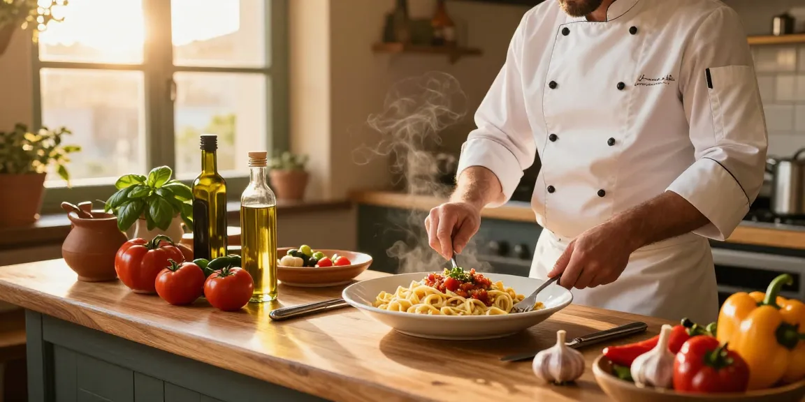 Authentic Italian Food preparation scene in rustic kitchen, showcasing fresh ingredients and traditional cooking.