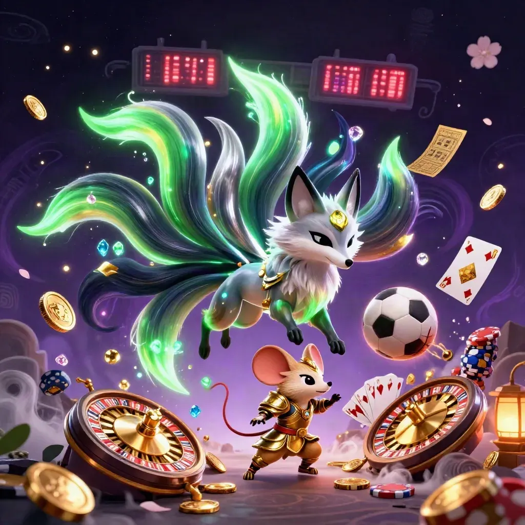 Neon fox spirit, armored mouse, flying coins, chips, balls, and magical casino effects