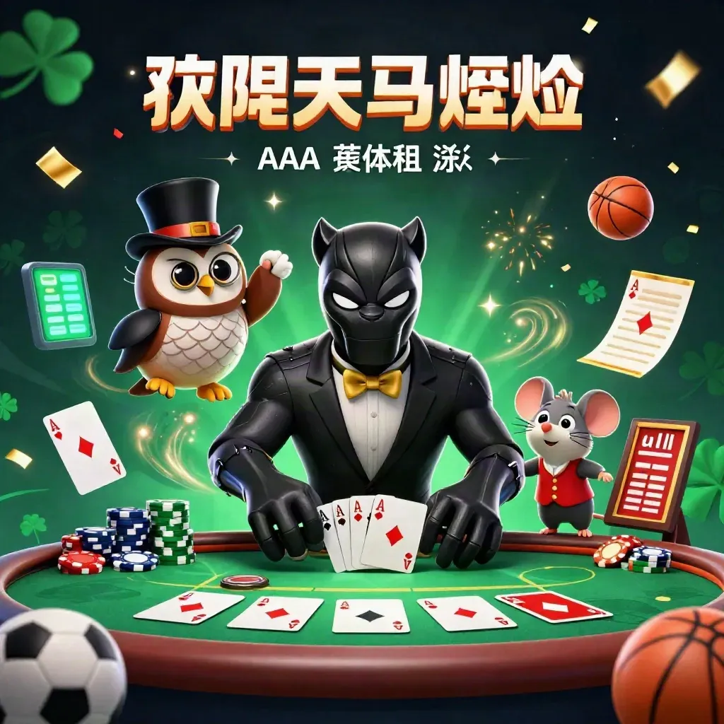 Panther, owl, and mouse betting scene with chips, cards, fireworks, and neon casino glow.