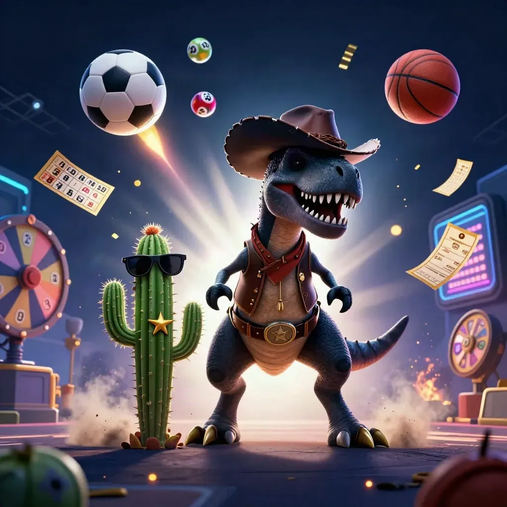 Cowboy T-Rex, cactus sidekick, and roadrunner amid casino sports icons and neon night energy.