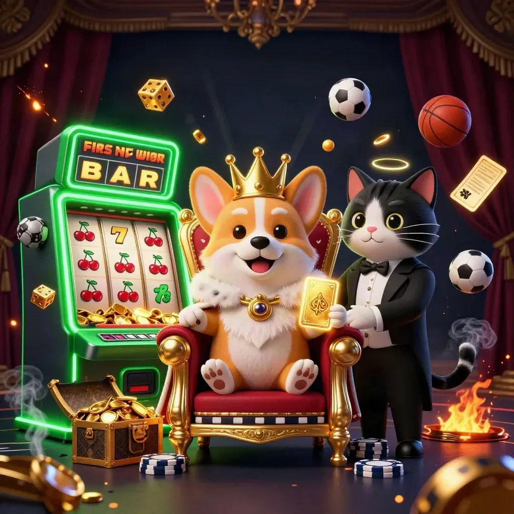 Royal corgi and cat butler in neon casino chaos with slot rays, gold, and sports props.