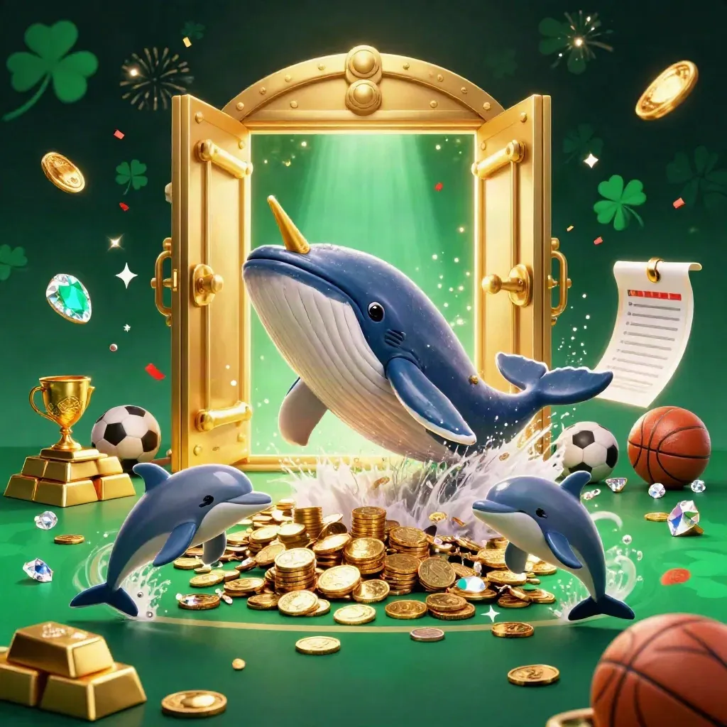 Whale captain, narwhal and dolphins burst through coins and casino treasures under neon light.