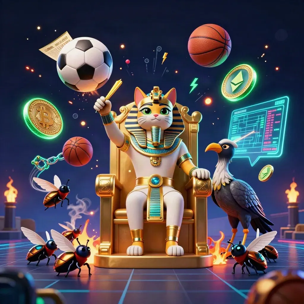 Pharaoh cat, ibis scribe and scarabs amid neon crypto sports elements on a throne