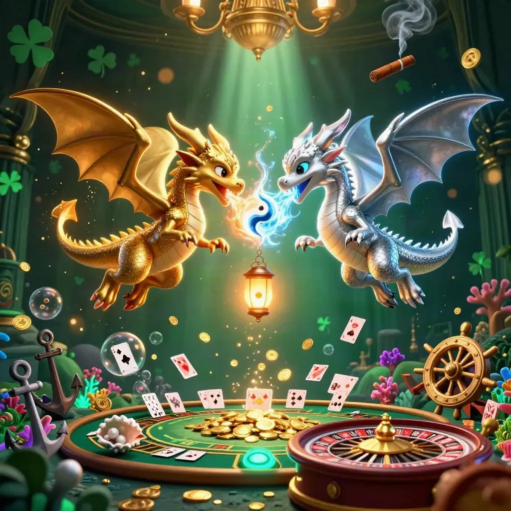 Gold and silver dragons swirl over casino treasure in a glowing emerald chamber.