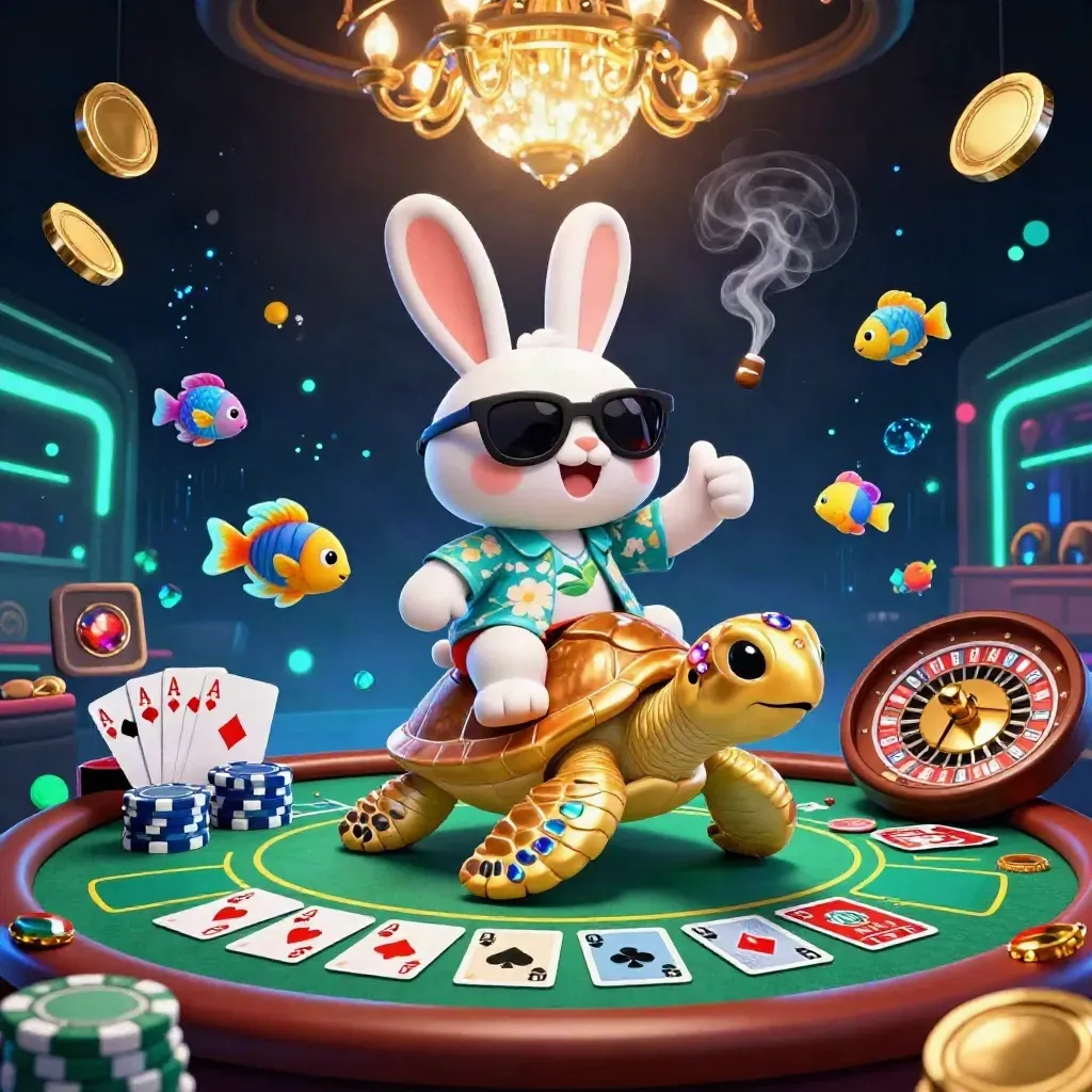 Cartoon rabbit on jeweled sea turtle in a neon casino room with chips, cards and glowing lights.