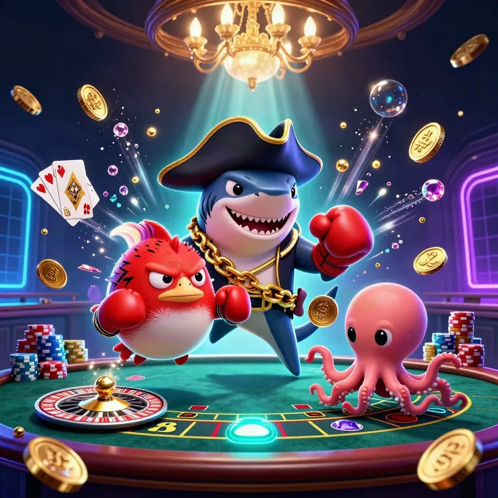Pirate shark, boxing pufferfish, and juggling octopus in a glowing casino scene