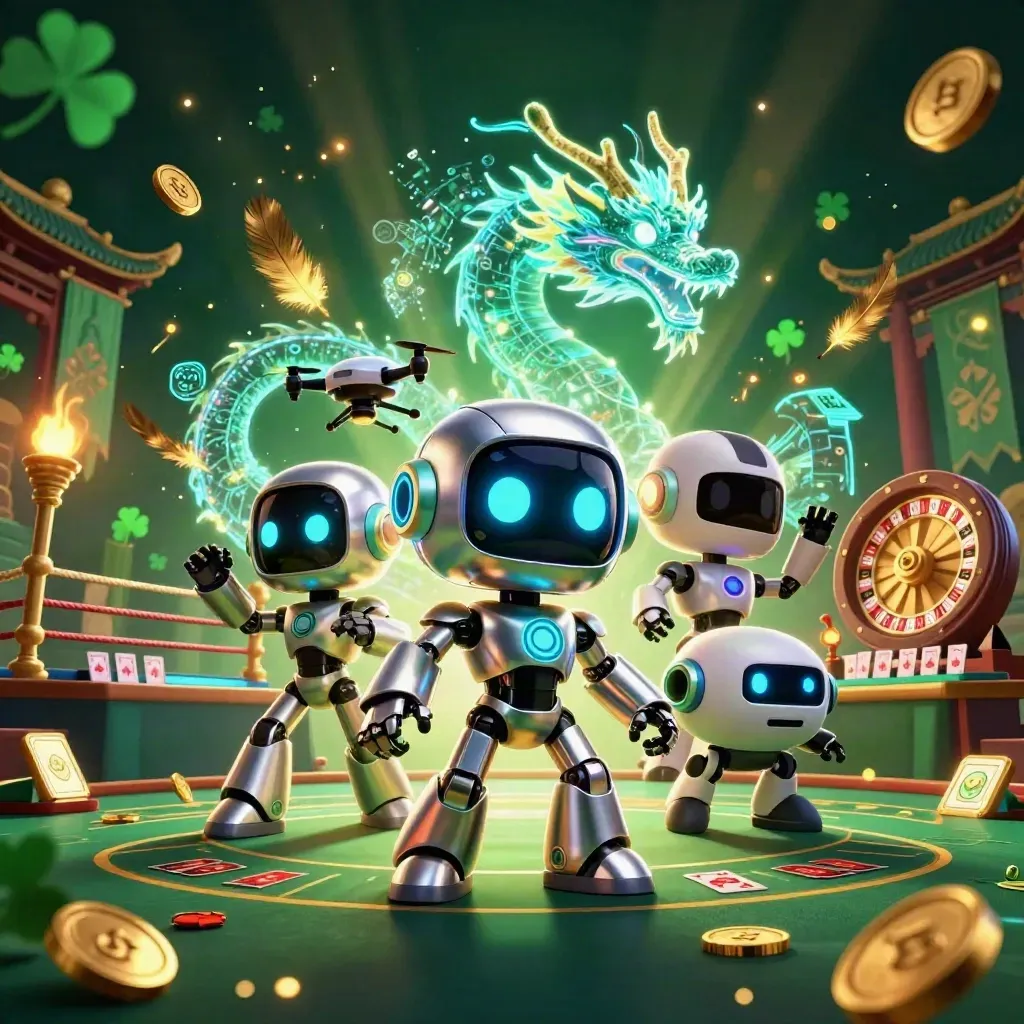 Cyberpunk robot, holographic dragon, and drone amid casino luxuries, gold, and emerald light.