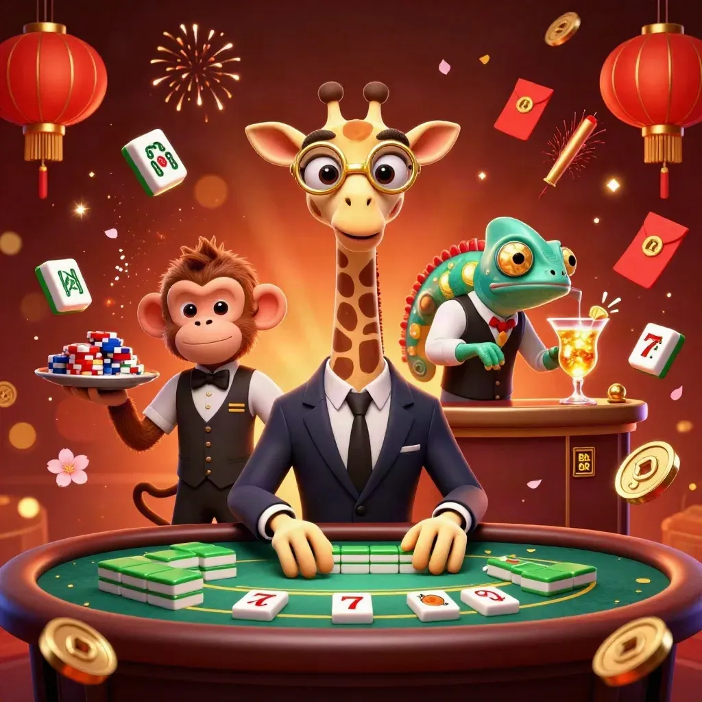 Giraffe high-roller, monkey valet, and chameleon bartender amid casino luck bursts.