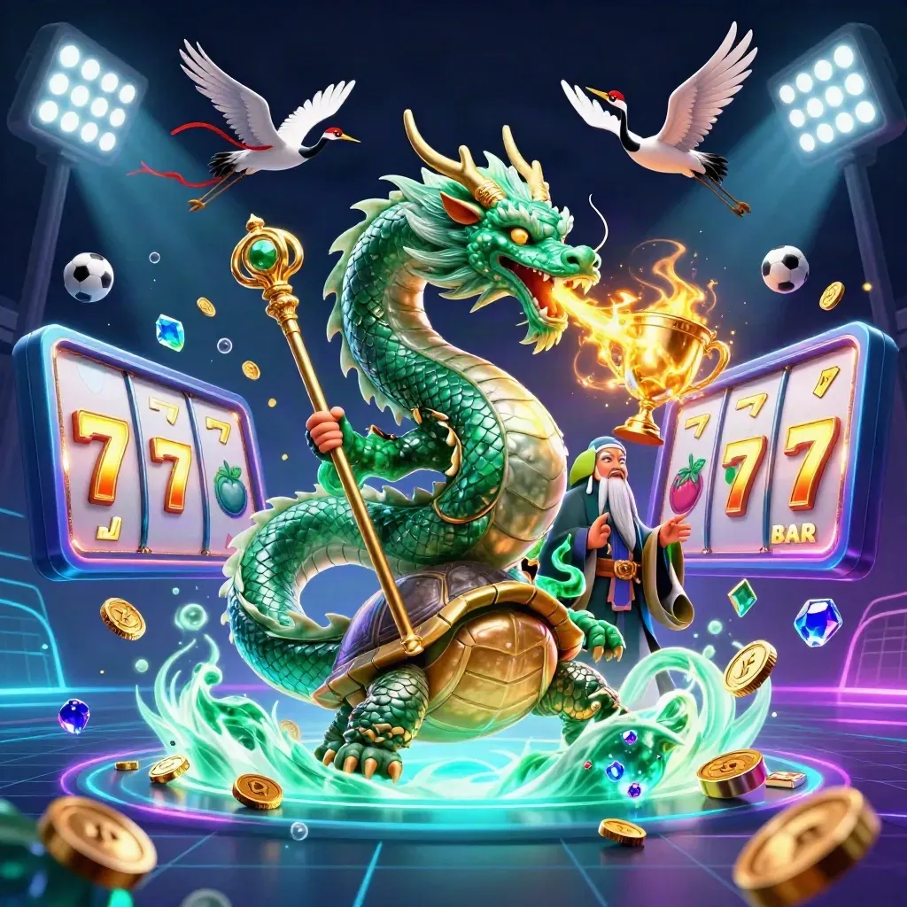 Emerald dragon, turtle sage, and cranes amid treasure, sports props, and neon casino glow.