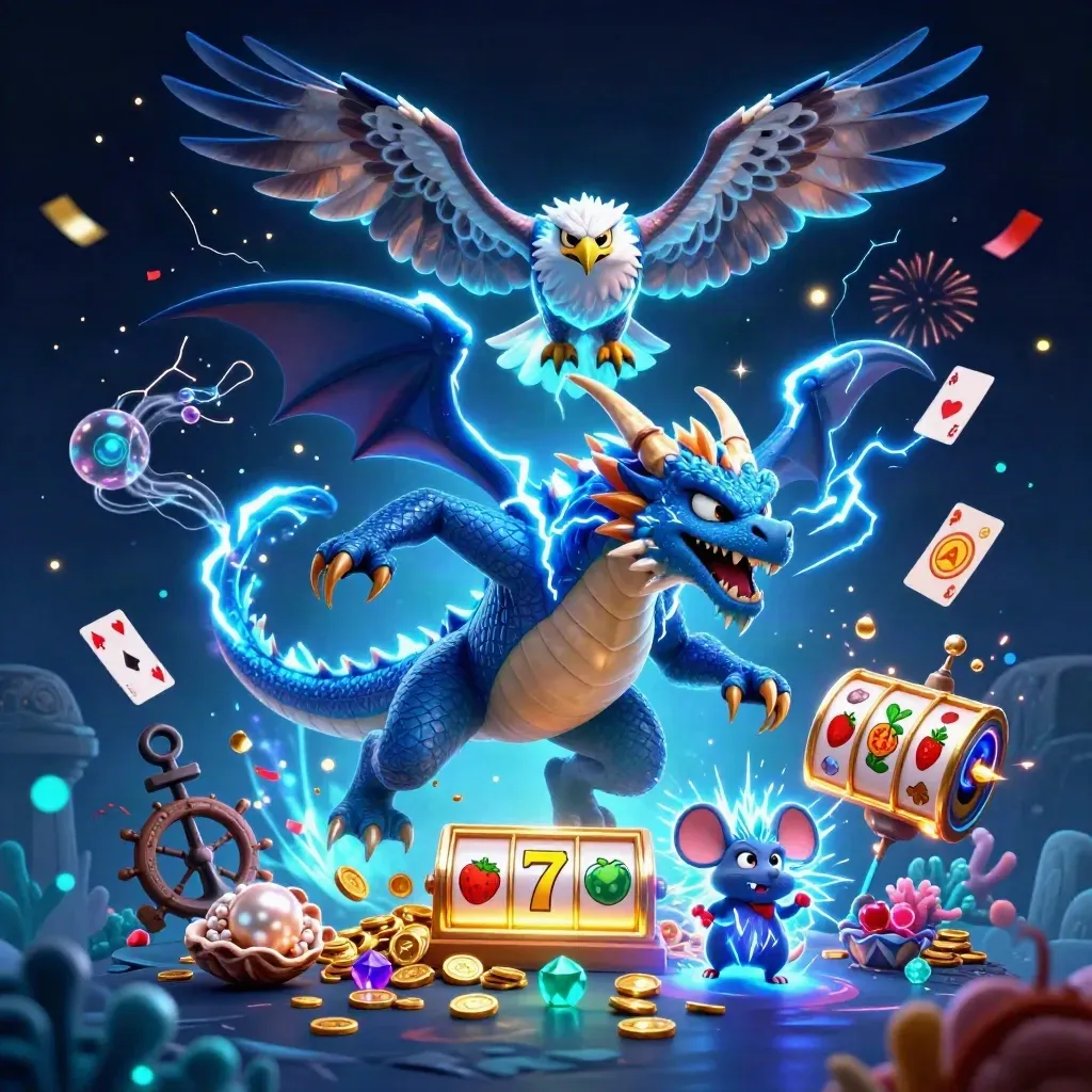 Thunder dragon, wind hawk, and thunder-mouse amid treasure cove sparks and neon casino effects