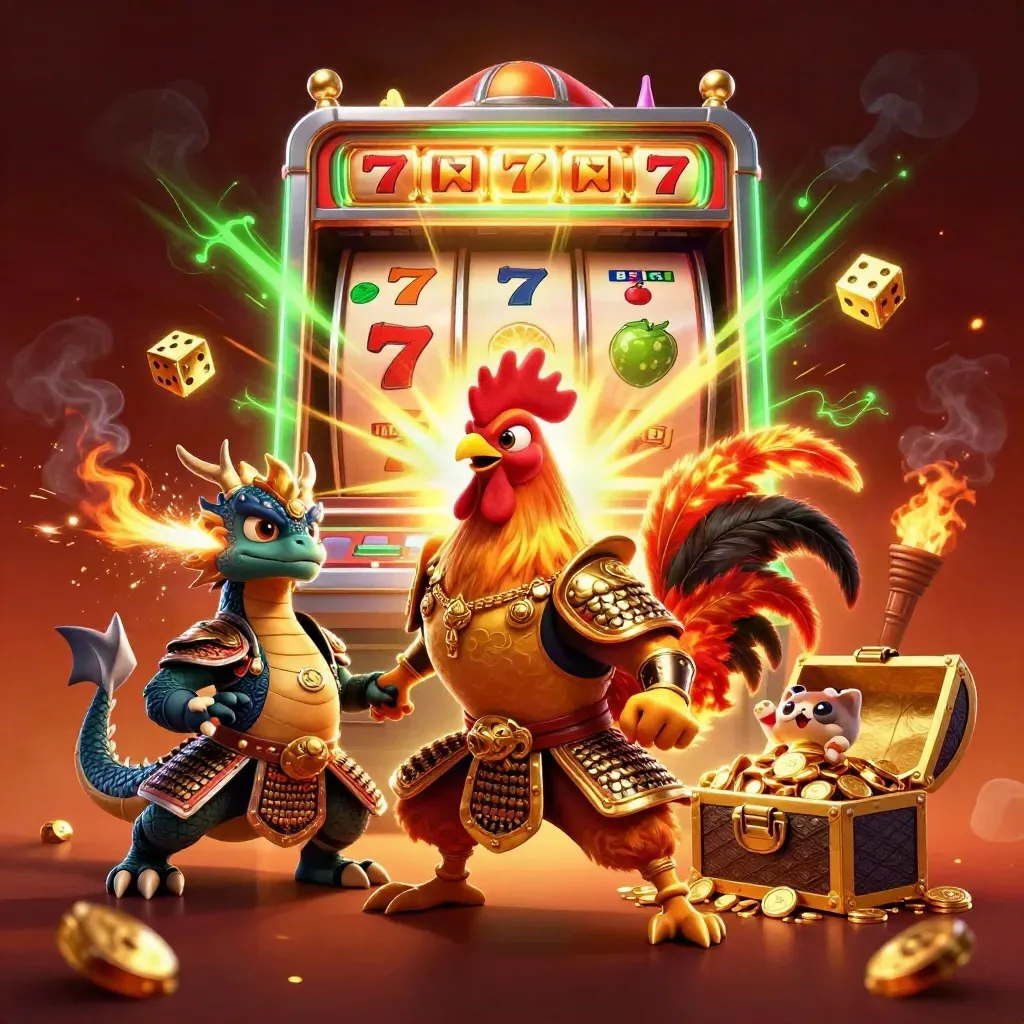 Rooster warrior, dragon hatchling, and fortune cat burst with casino loot in neon green flames.