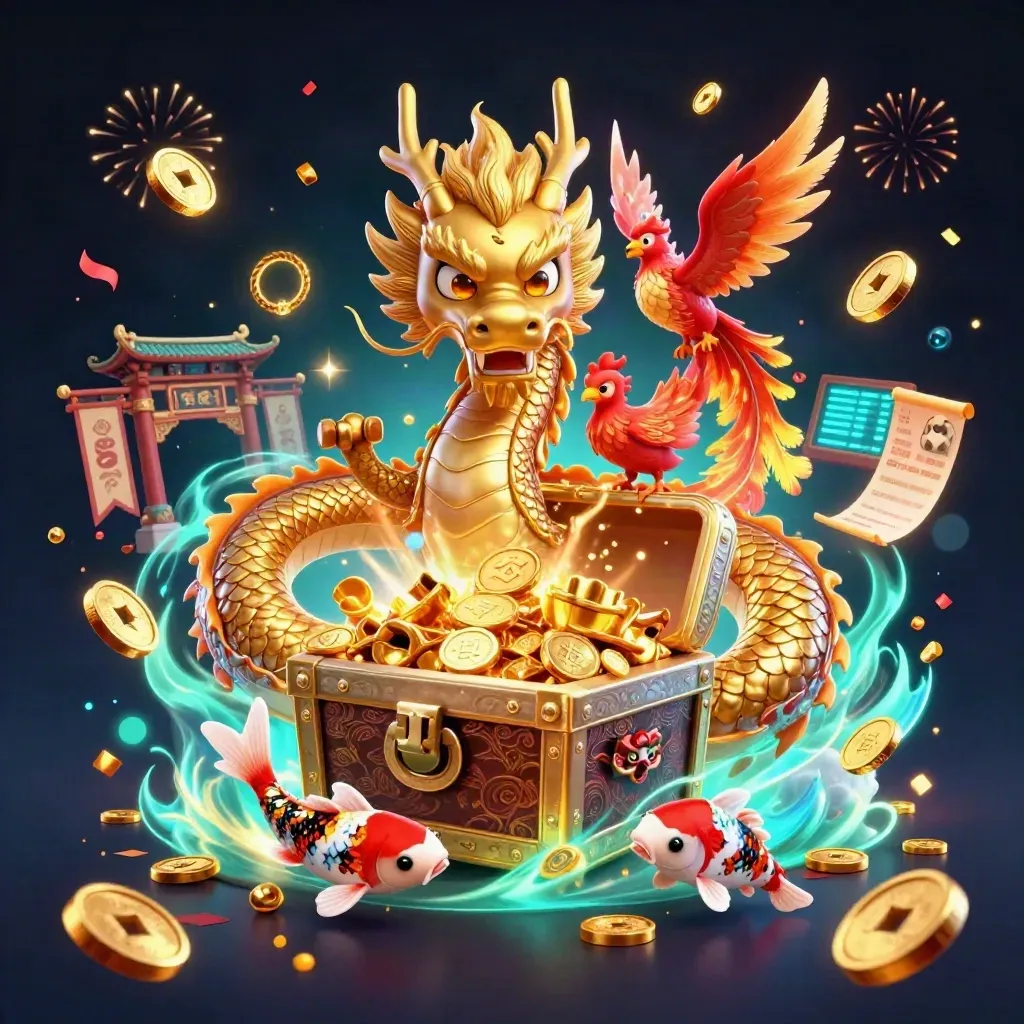 Golden dragon, phoenix, koi, coins, and casino gear bursting in a neon treasure celebration.