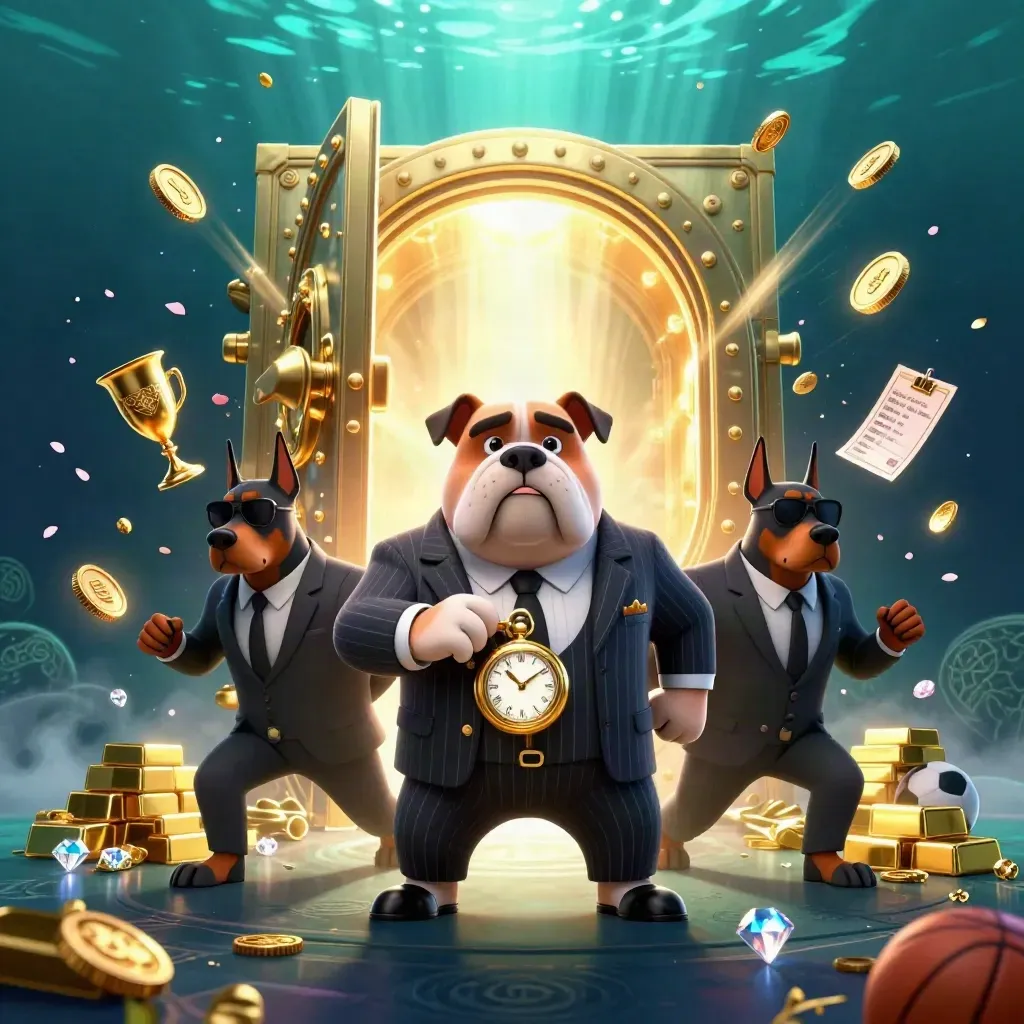 Cartoon mafia bulldog and two Dobermans burst from a gold vault with coins, gems, and sports props.