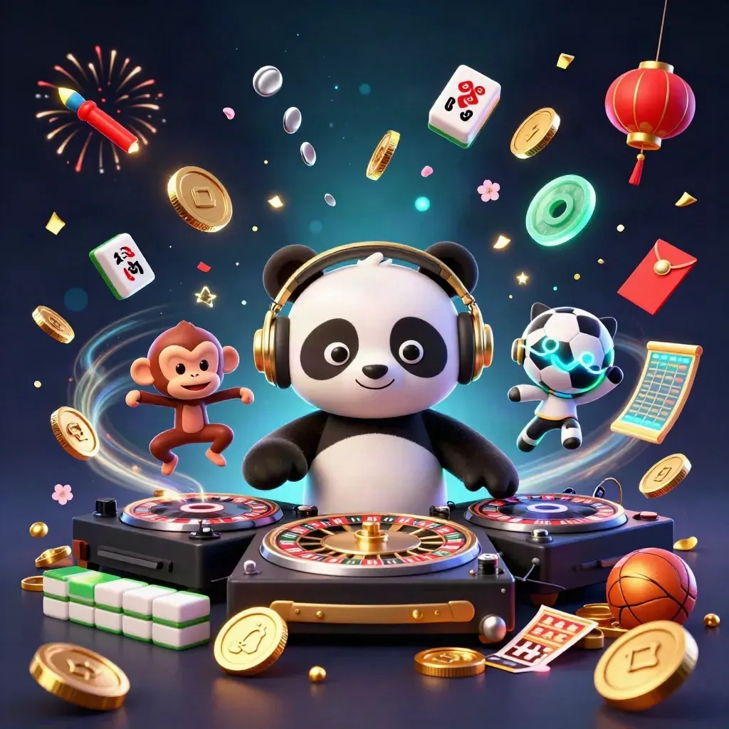 DJ panda, breakdancing monkey, glow-stick kitten, vault coins, lanterns, fireworks, neon casino splash.