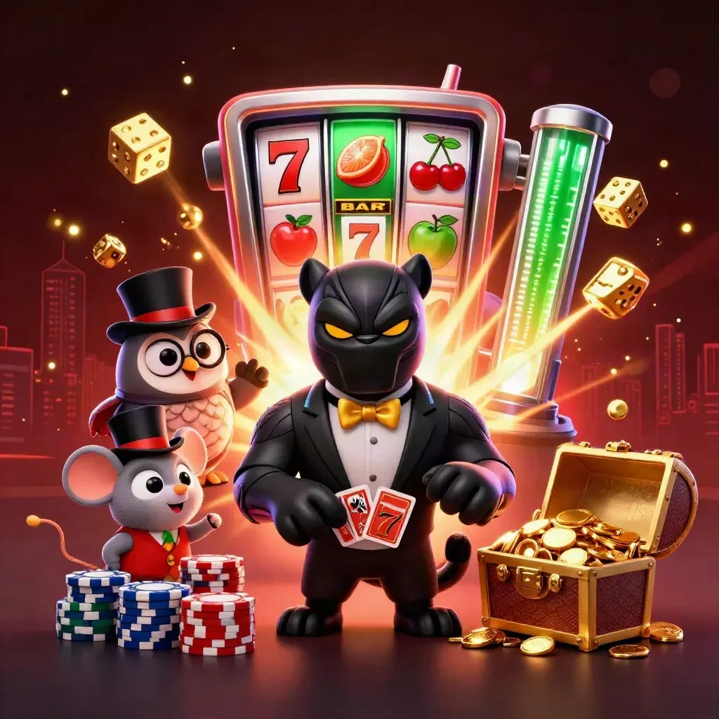 Panther, owl, and mouse amid a bursting slot machine, gold chips, dice, and neon casino lights