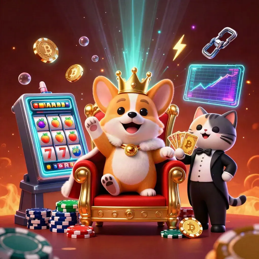 Royal corgi and cat butler on poker-chip throne amid crypto coins and neon casino effects.