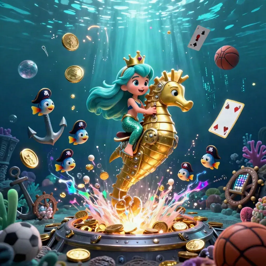 Mermaid princess on armored seahorse amid coins, coral, cards, and sports props in glowing underwater vault chaos.