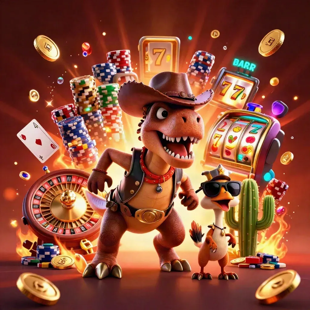 Cowboy T-Rex, cactus and sheriff roadrunner amid neon casino chips, coins and reels