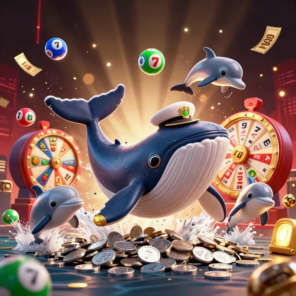 Cartoon whale captain, narwhal, and dolphins burst from coins with reels and casino props.
